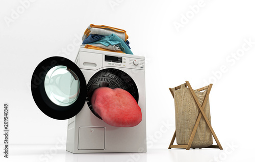 Lavatrice antropomorfa con lingua gigante, disgustata per la biancheria sporca, illustrazione 3d