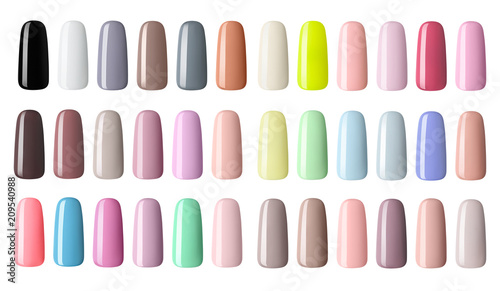 Nail polish in different fashion color. Colorful nail lacquer in tips  isolated white background