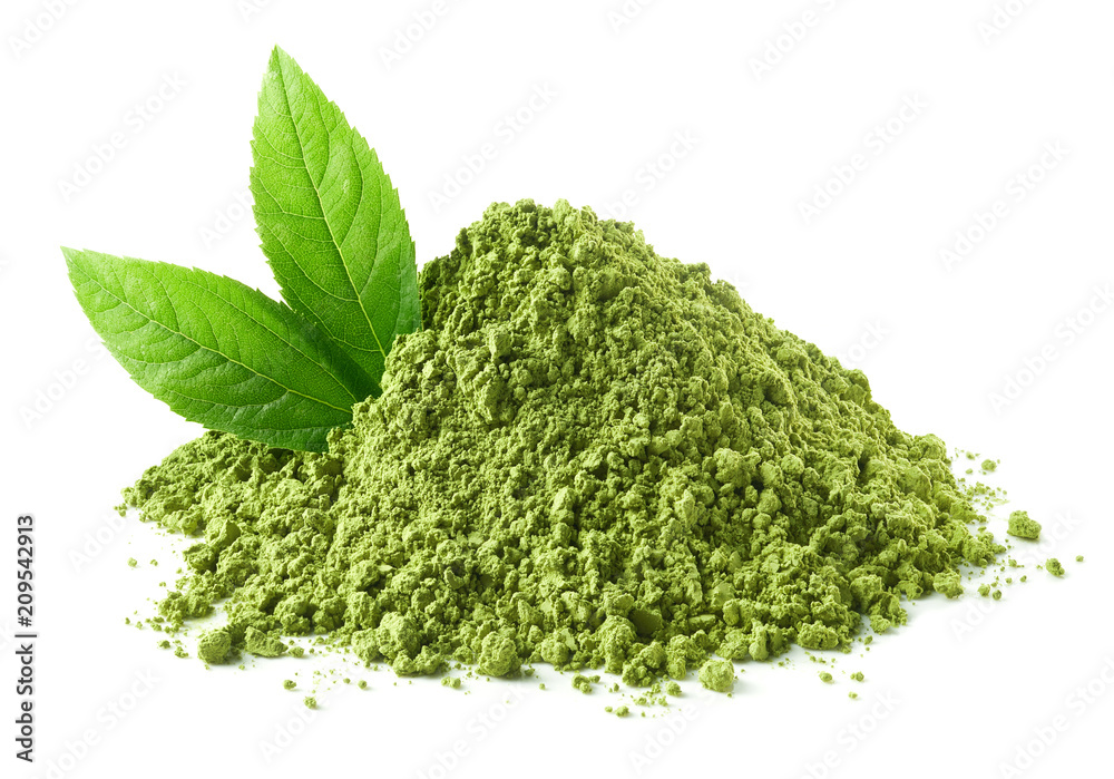 Heap of green matcha tea powder and leaves - obrazy, fototapety, plakaty 