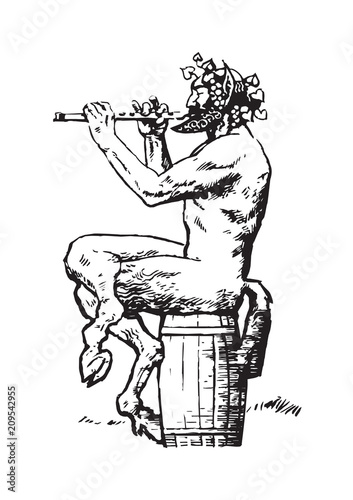 Satyr sitting on the barrel and playing the flute