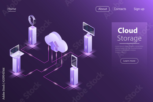 Flat isometric vector concept of cloud online storage, big data computing service, mobile device sync.