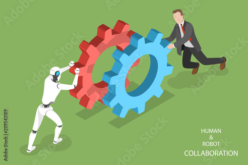 Flat isometric vector concept of robot and human collaboration, artificial intelligence, business automation.