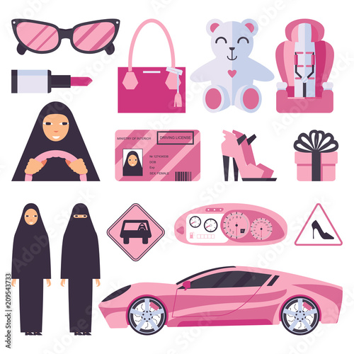 Arabic muslim women that have permission for driving auto. Lady in nikab and hijab with pink accessories, car, signs and heels shoes