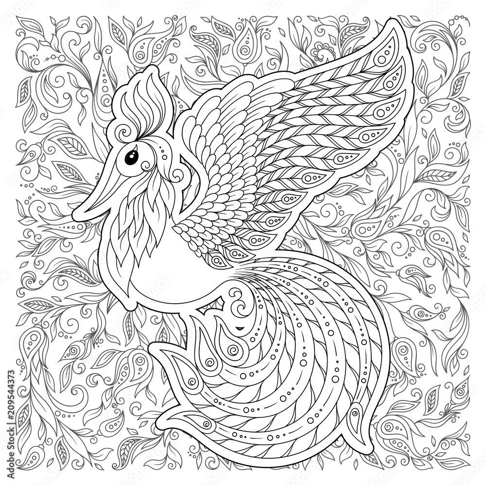 Fototapeta premium Firebird for anti stress Coloring Page with high details.