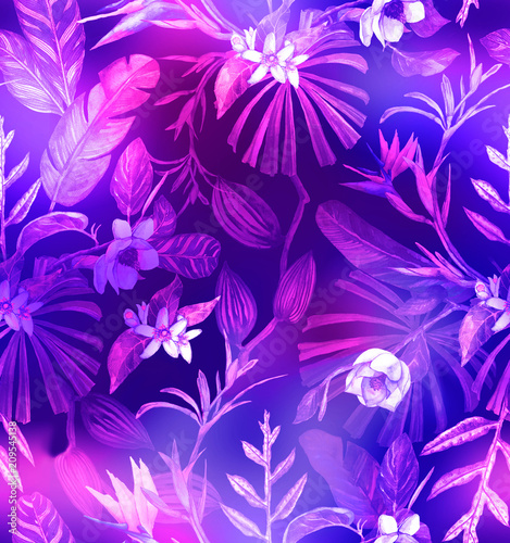 Tropical design for fashion  exotic leaves and orchid flowers in neon light. Seamless pattern. Watercolor