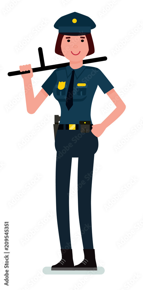 Vector cartoon image of a woman police officer with brown hair in a police  uniform with a baton in her hand. Vector cartoon flat design illustration  isolated on white background. Stock Vector |