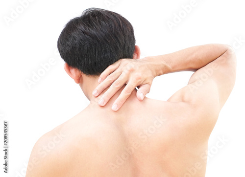 Closeup man hand holding neck or shoulder with pain on white background