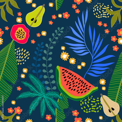 Floral pattern with tropical fruits and leaves.