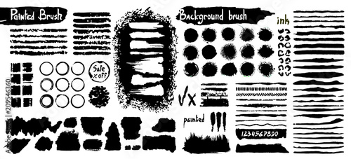Big collection of black paint, ink brush strokes, brushes, lines, grungy. Dirty artistic design elements, boxes, frames. Vector illustration. Isolated on white background. Freehand drawing.