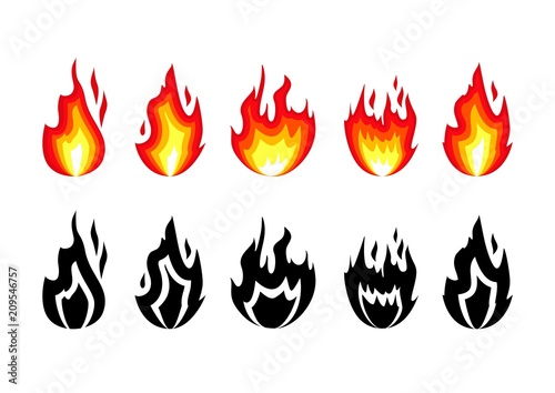Fire icon of different shape. Fire flames isolated on white background. Vector illustration.