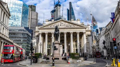 8k time lapse zoom in view of the Royal exchange near the Bank of England, in the City of London photo