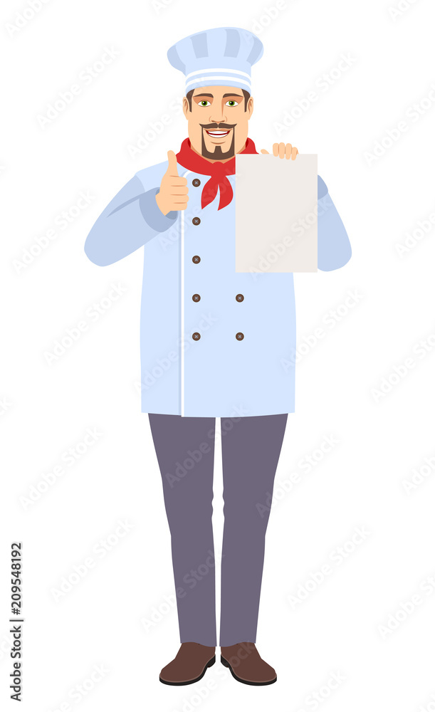 Chef showing thumb up and showing the blank paper Chef showing thumb up and showing the blank paper