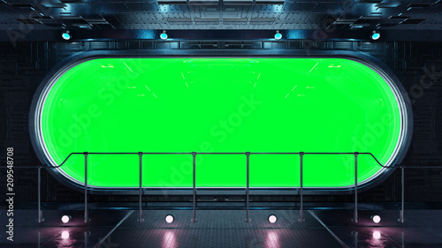 Fototapeta Naklejka Na Ścianę i Meble -  Black tech spaceship round window interior background 3D rendering