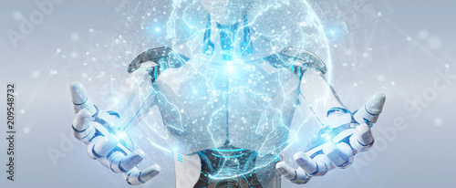 White humanoid using globe network hologram with Europe map 3D rendering