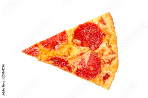 Piece of pepperoni pizza on white