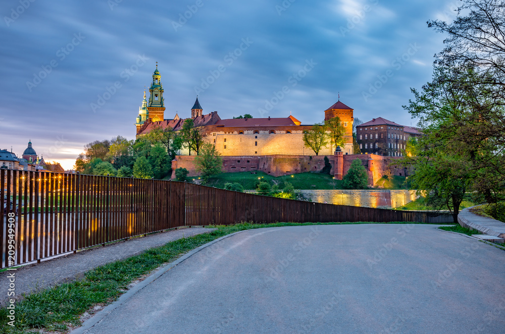 Wawel Castle in Krakow, Poland, seen from the Vistula boulevards in the morning