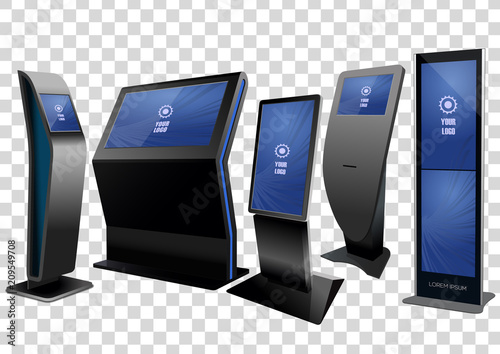 Five Promotional Interactive Information Kiosk, Advertising Display, Terminal Stand, Touch Screen Display isolated on transparent background. Mock Up Template.