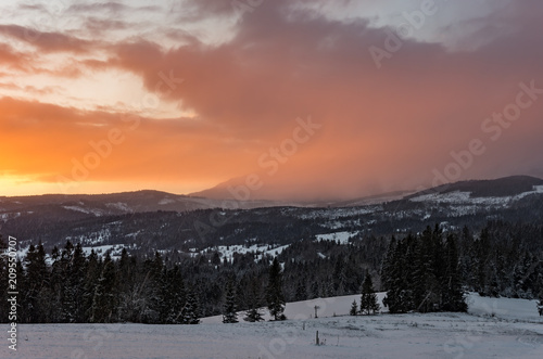 Winter mountain sunrise, Little Poland landscape