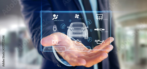 Foto Man holding a Dashboard smartcar interface dashboard 3d rendering