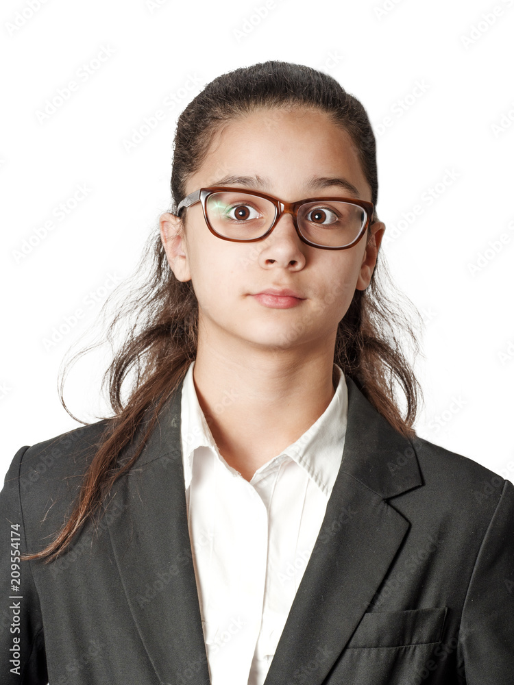 Shot of bored beautiful teenage girl with straight dark hair looking with dark eyes, wearing , got tired at school