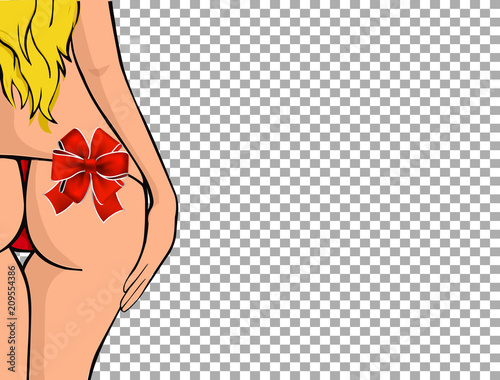 Woman bottom and erotic back in red bikini with festive bow