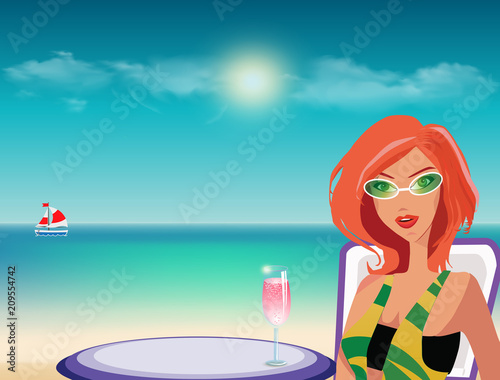 redheaded girl in sunglasses with cocktail on summer beach