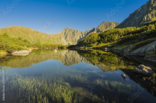 Colorful mountains reflect in lake surface with view to underwater and water plants. Beautiful wild sunny rocky landscape for outdoor activity. Dramatic summer scenery in national park Western Tatras
