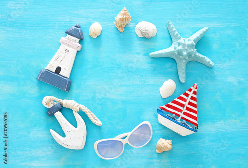 Tropical vacation and summer travel image with sea life style objects. Top view.