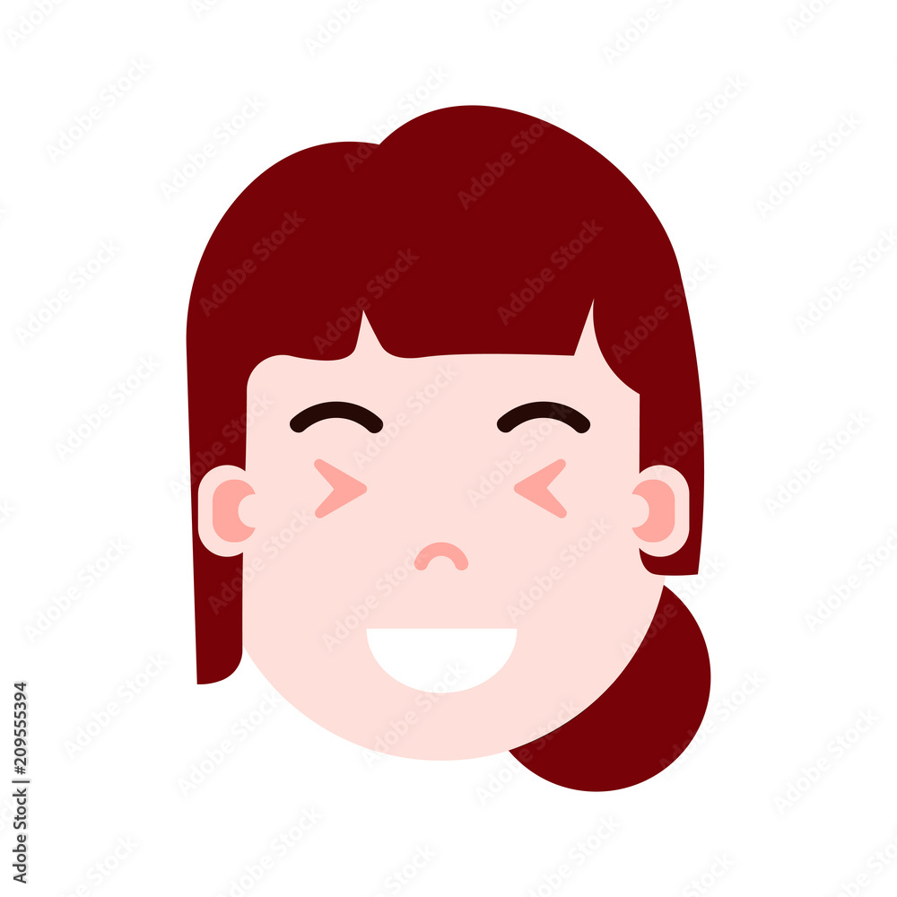 girl head emoji personage icon with facial emotions, avatar character, woman satisfied face with different female emotions concept. flat design. vector illustration