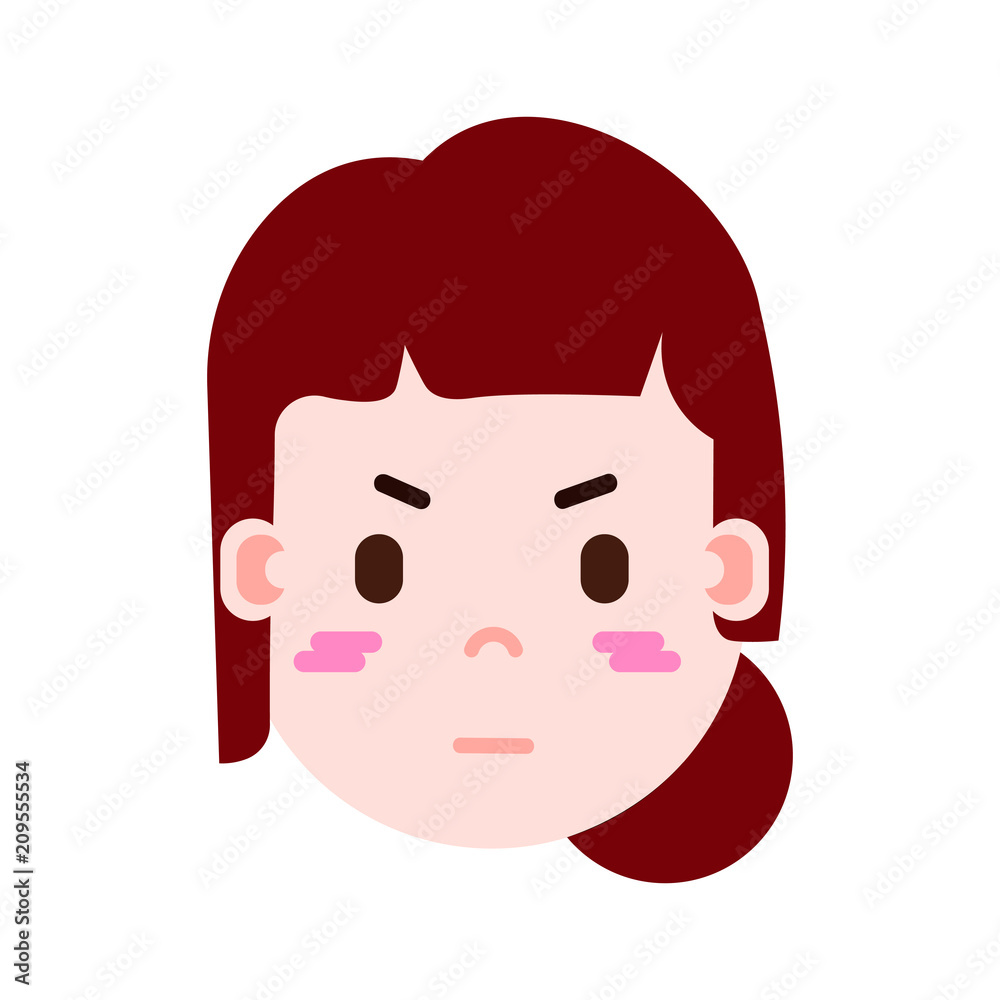 girl head emoji personage icon with facial emotions, avatar character, woman embarrass face with different female emotions concept. flat design. vector illustration