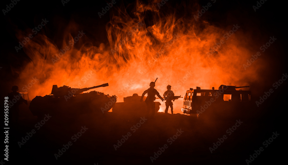 Fototapeta premium War Concept. Military silhouettes fighting scene on war fog sky background, World War Soldiers Silhouettes Below Cloudy Skyline At night. Attack scene. Army jeep vehicles with soldiers. army jeep