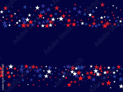 4th of July Independence Day American Stars Falling Confetti Vector Background. Red, Blue White Stars Border Patriotic Background. US, American Independence Day Banner, 4th of July Patriotic Bokeh.