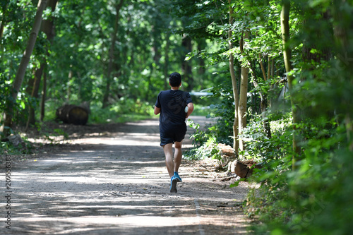 Photography A man is jogging in a forest in Berlin-Germany on a warm and sunny spring day