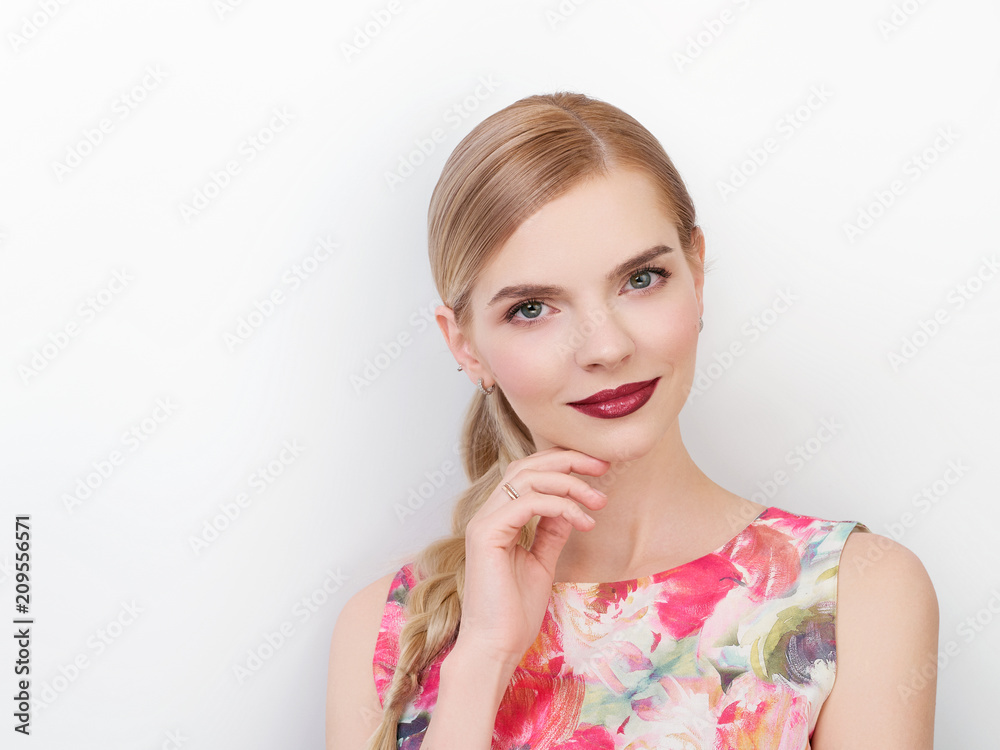 Beauty portrait of young beautiful cheerful young fresh looking woman with bright trendy make up blond healthy hair braid hairstyle. Beauty portrait of young beautiful cheerful young fresh looking woman with bright trendy make up blond healthy hair braid hairstyle.