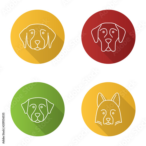 Dogs breeds flat linear long shadow icons set