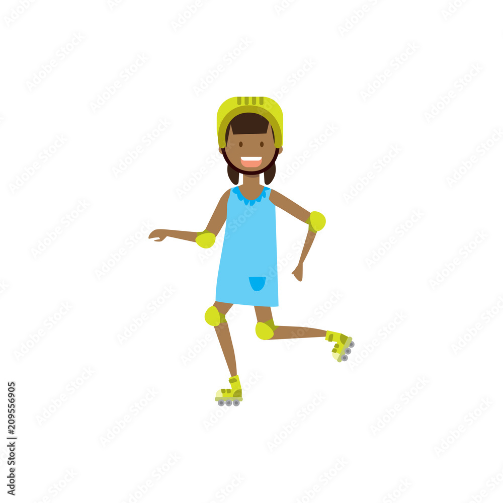 african girl kid wearing knee and elbow pads on white backgroung. full length roller ride. Flat style character vector illustration african girl kid wearing knee and elbow pads on white backgroung. full length roller ride. Flat style character vector illustration