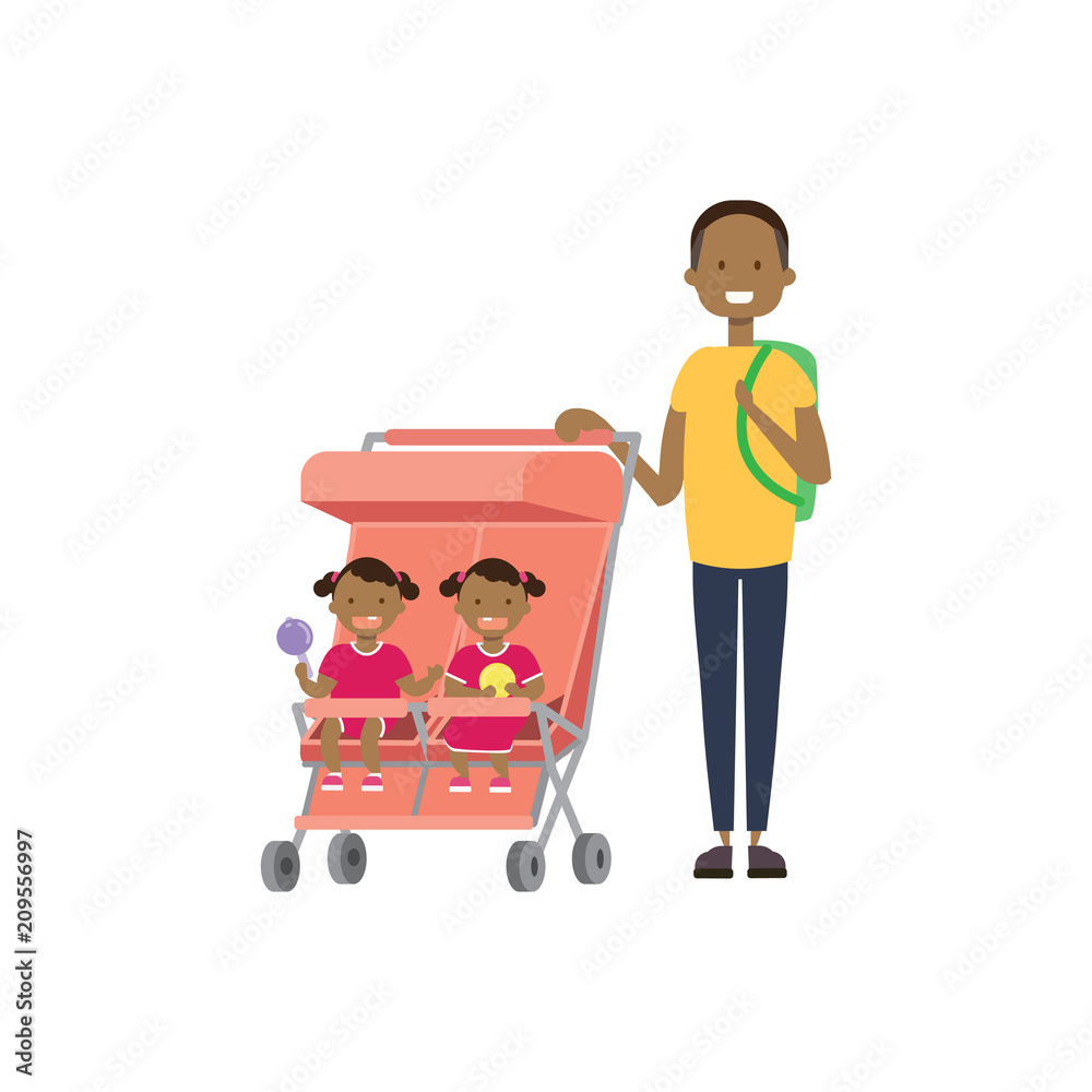 african father beard baby sister brother twins double stroller full length avatar on white background, successful family concept, flat cartoon vector illustration african father beard baby sister brother twins double stroller full length avatar on white background, successful family concept, flat cartoon vector illustration