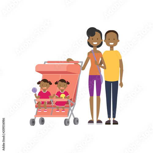 african father mother baby twins double pink stroller full length avatar on white background, successful family concept, flat cartoon vector illustration