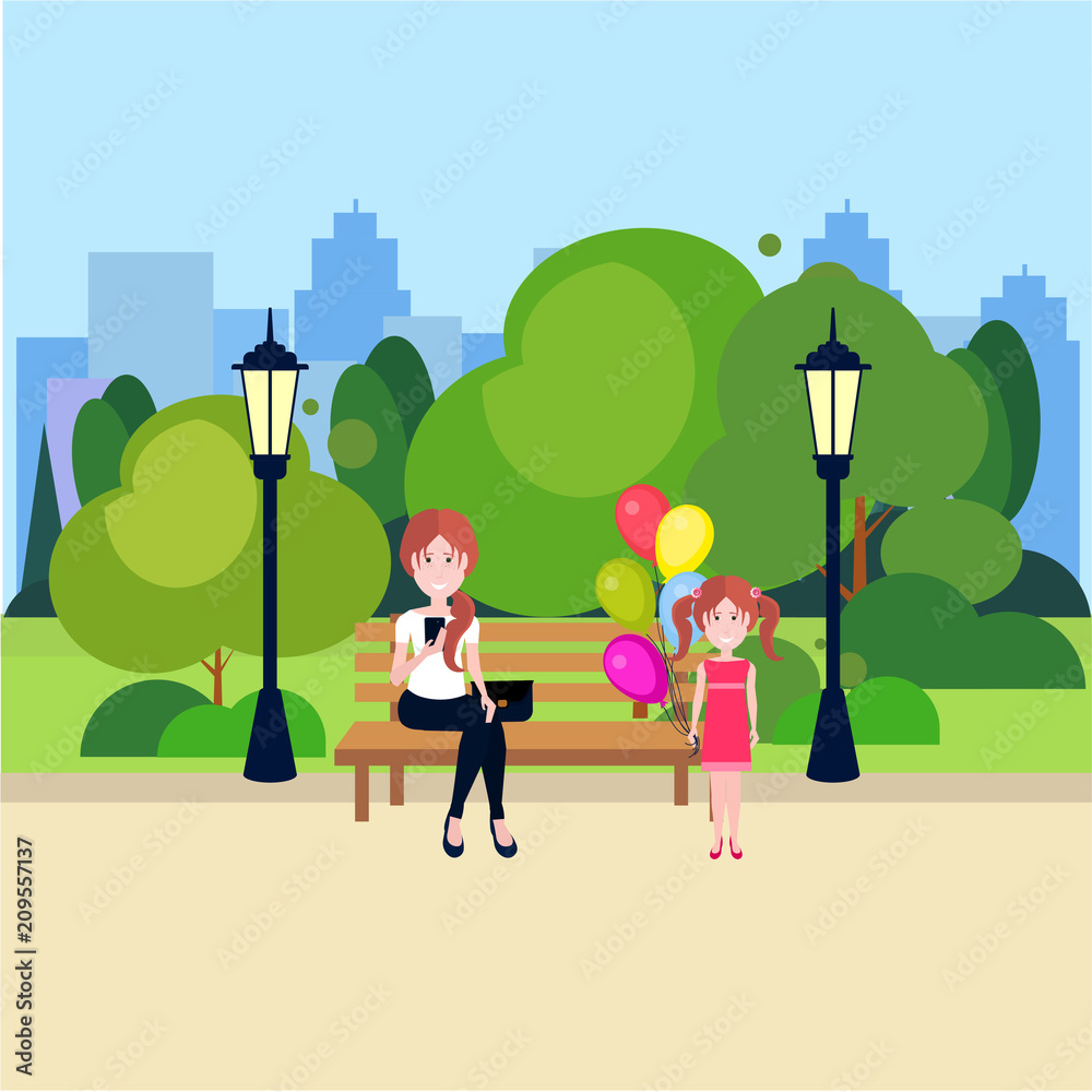public urban park woman sitting wooden bench girl hold balloonsstreet lamp green lawn trees on city buildings template background flat vector illustration public urban park woman sitting wooden bench girl hold balloonsstreet lamp green lawn trees on city buildings template background flat vector illustration