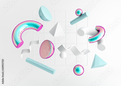 3d render realistic primitives composition. Flying shapes in motion isolated on white background. Abstract theme for trendy designs. Spheres, torus, tubes, cones in white and holographic colors.