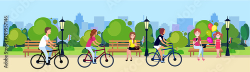 public park people relax sitting wooden bench outdoors walking cycling running green lawn trees on city buildings template background flat banner vector illustration
