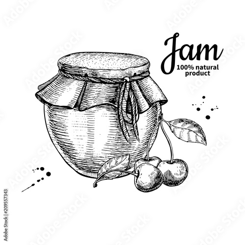 Cherry jam glass jar vector drawing.  Fruit Jelly and marmalade.