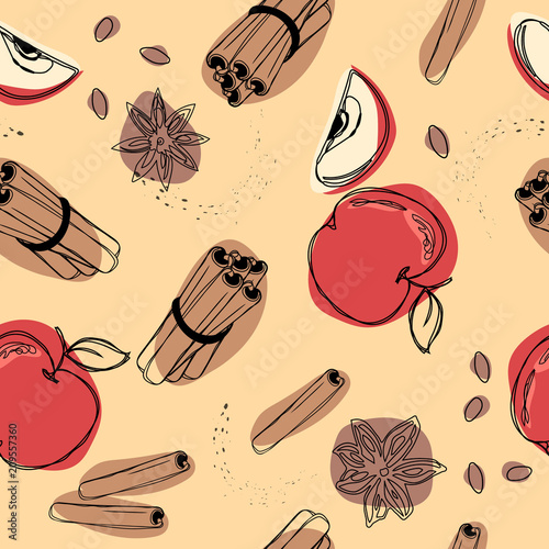 Apple with cinnamon seamless pattern.