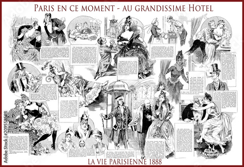 French satirical magazine La vie Parisienne 1888, central page: Paris en ce moment - au grandissime hotel ( Paris now at the grand hotel), dating fashion, love,humor, caricatures, portraits.