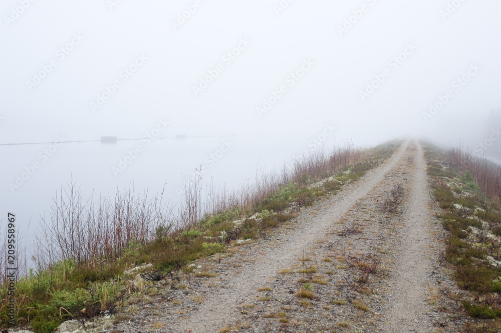 Dirt road leading through misty and rainy autumn landscape. Dirt road leading through misty and rainy autumn landscape.