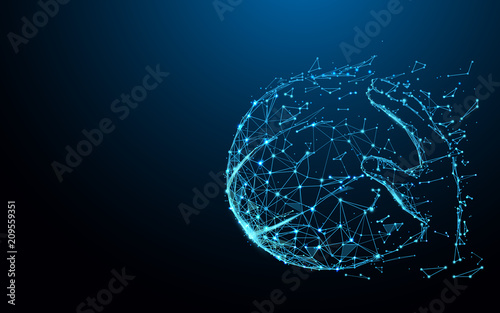 Basketball and player hand form lines, triangles and particle style design. Illustration vector