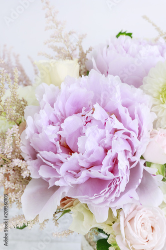 Bouquet with pink peonies  roses and yellow dahlias