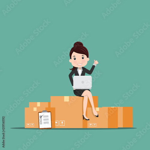 Woman with notebook sitting on boxes. Vector illustration.