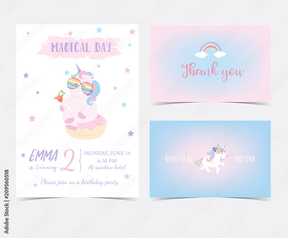 Hand drawn cute card with unicorn,rainbow,star and glasses