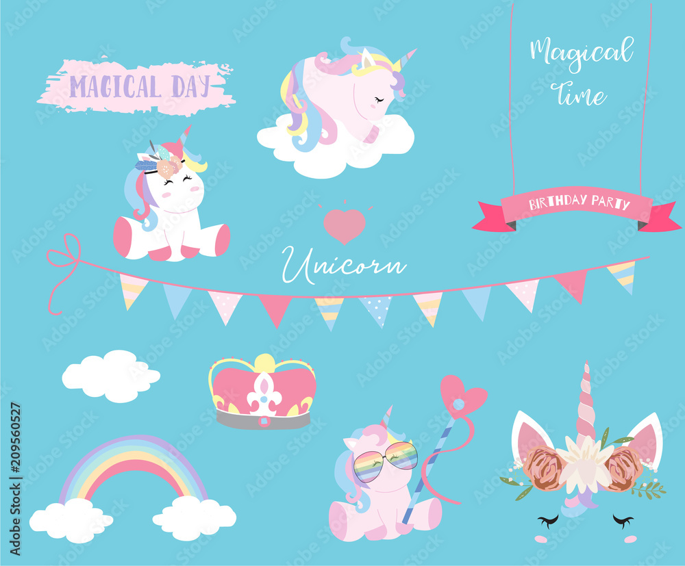 Hand drawn cute card with unicorn,cake,rainbow,cloud,flag,ribbon and glasses.Magic time Hand drawn cute card with unicorn,cake,rainbow,cloud,flag,ribbon and glasses.Magic time